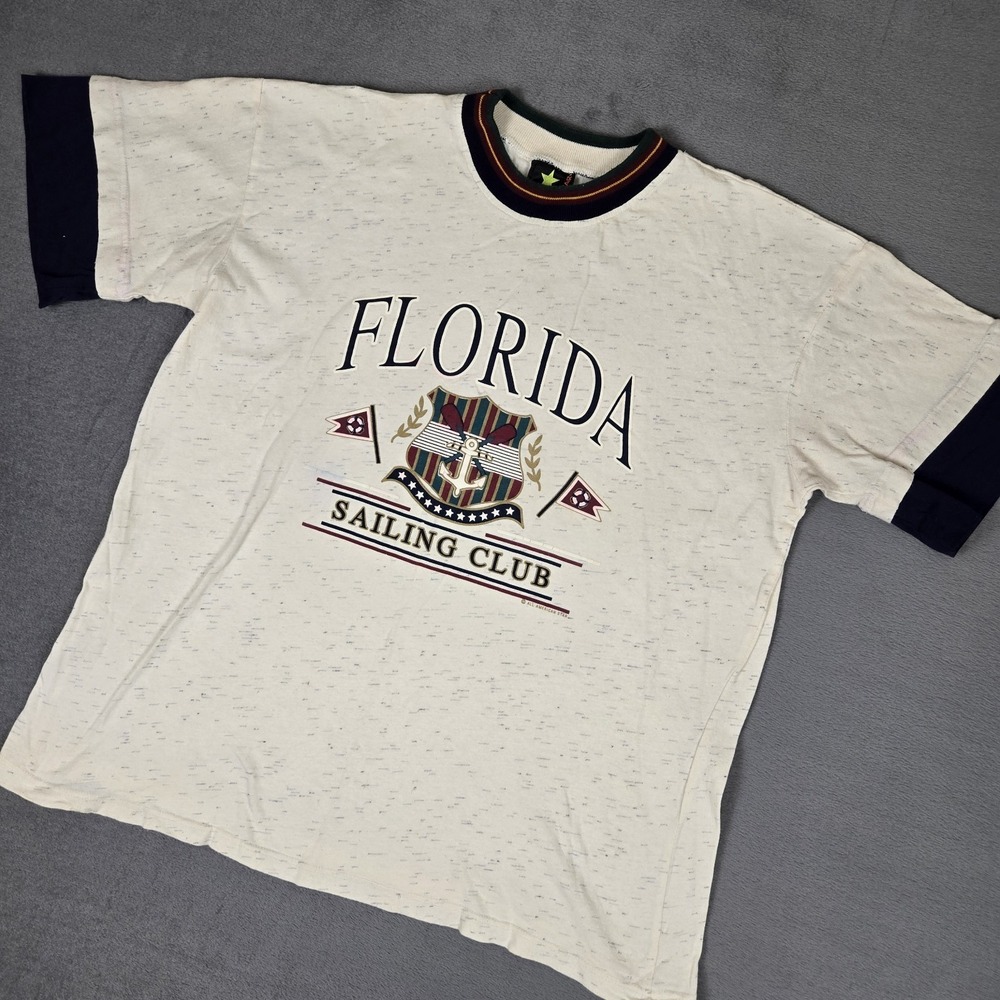 Vintage Florida Sailing Club T-Shirt Men Large Beige Heather Ringer Short Sleeve